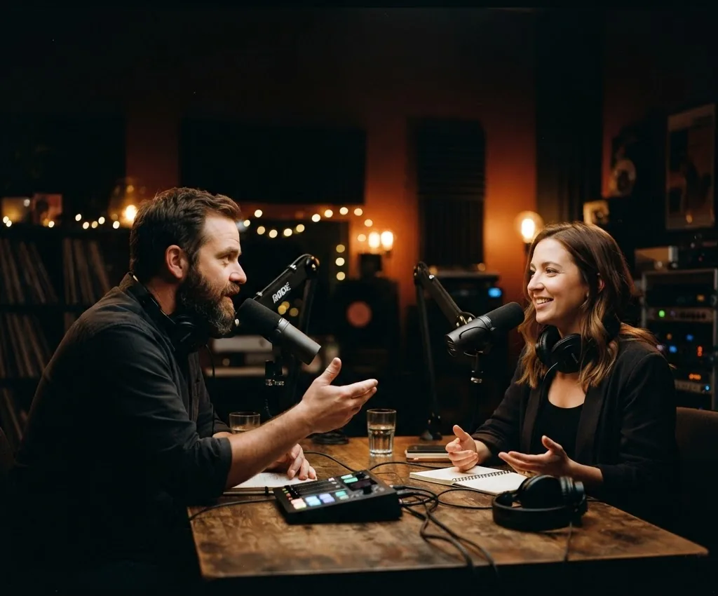 Two people mid-conversation at a recording table of microphones, warm string lights behind them.